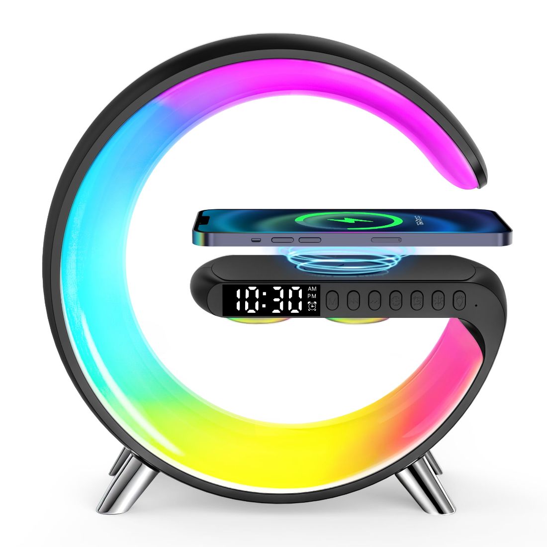 GPED Alarm Clock, Digital Alarm Clock Radio with Wireless Charging & LED Table Lamp, Bluetooth Speaker & FM Radio